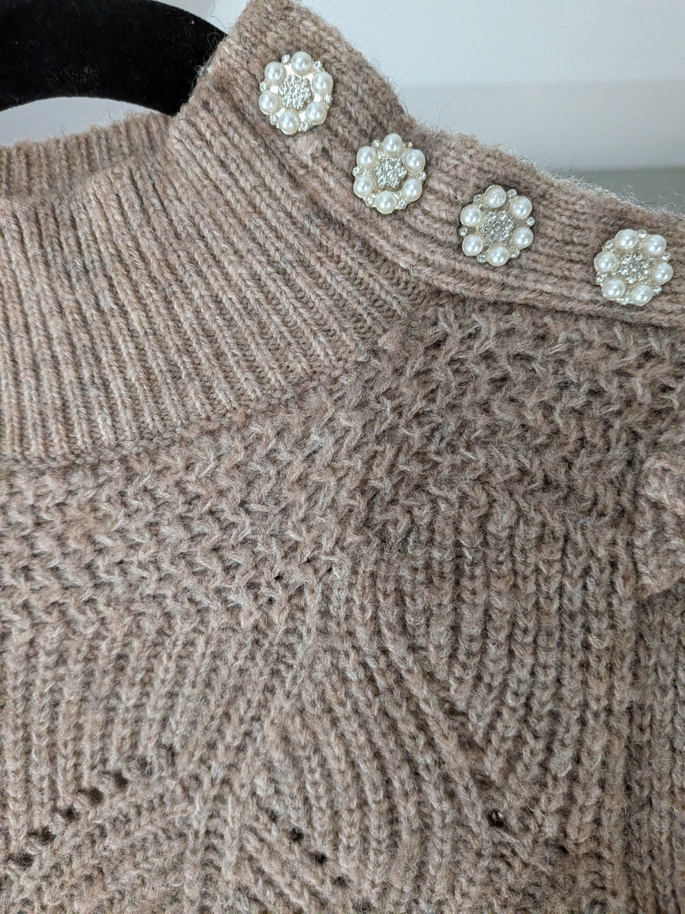 Heartloom Beige Cable-Knit Mock Turtleneck Sweater with Pearl Buttons - Picture 2 of 4